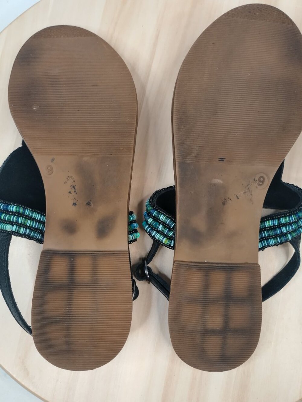 Sandals Blue & Green Beaded Leather Thong Strap Sandals Women US 9 - Picture 12 of 13